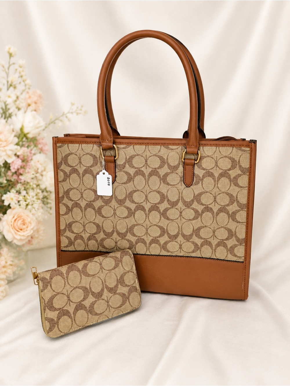 Signature Pattern Tote with Tan Leather Trim and Wristlet